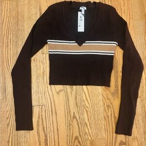 Brown V-Neck Ribbed Crop Top